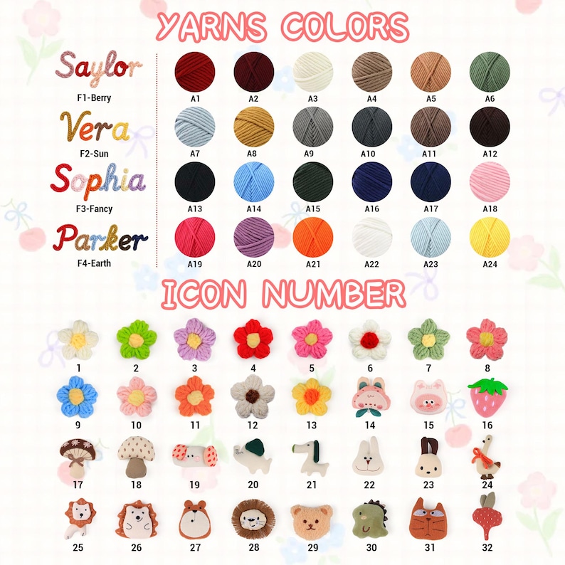 A comprehensive chart displaying customization options for personalized children's products, featuring a Yarns Colors guide with 24 solid color swatches (A1–A24), four multi-colored yarn styles (F1–F4), and a numbered Icon Number collection of 32 decorative 3D patches including flowers, animals, and fruits.
