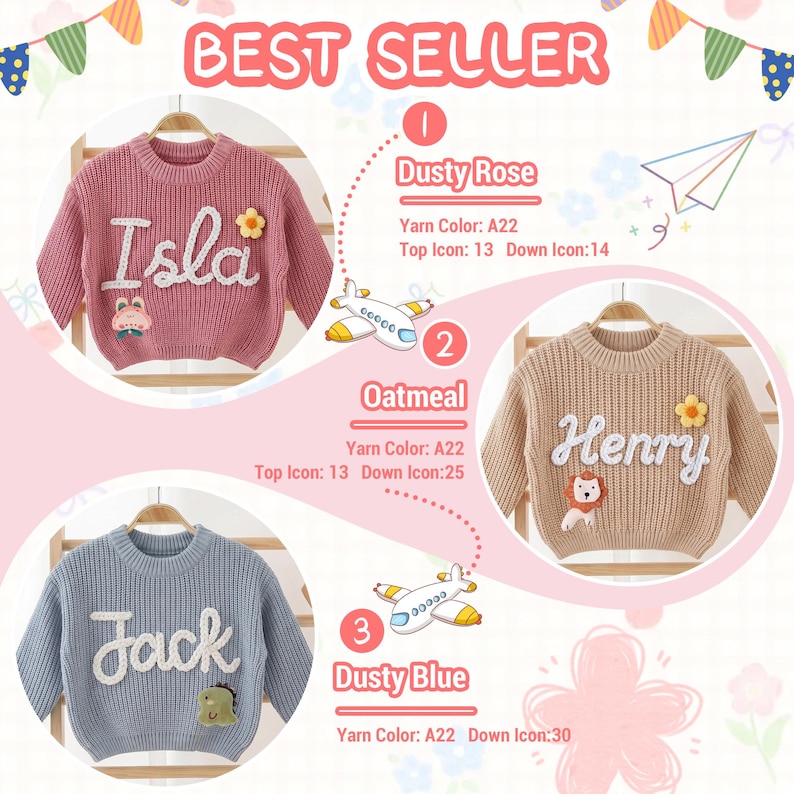 An image showcasing personalized, chunky-knit children's sweaters in Dusty Rose, Oatmeal, and Dusty Blue, featuring custom hand-embroidered names and cute animal icons like a bunny, lion, and dinosaur.