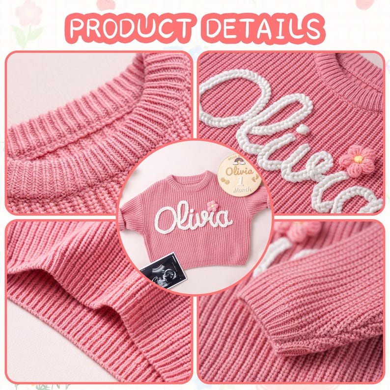 May include: A pink long-sleeve knit sweater featuring the name Olivia embroidered in white yarn across the chest. A small pink flower applique is attached next to the name. The sweater has a ribbed crew neckline, cuffs, and hem.