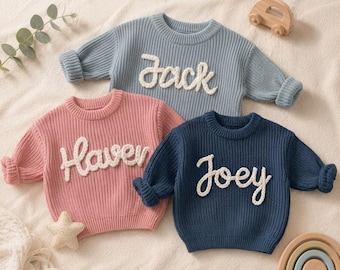 Personalized Baby Name Sweater, Hand-Embroidered 100% Cotton Pullover