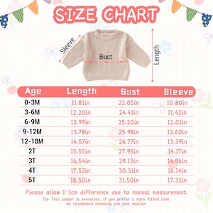 This image provides a detailed SIZE CHART for children's chunky knit sweaters, ranging from newborn sizes to 5T.