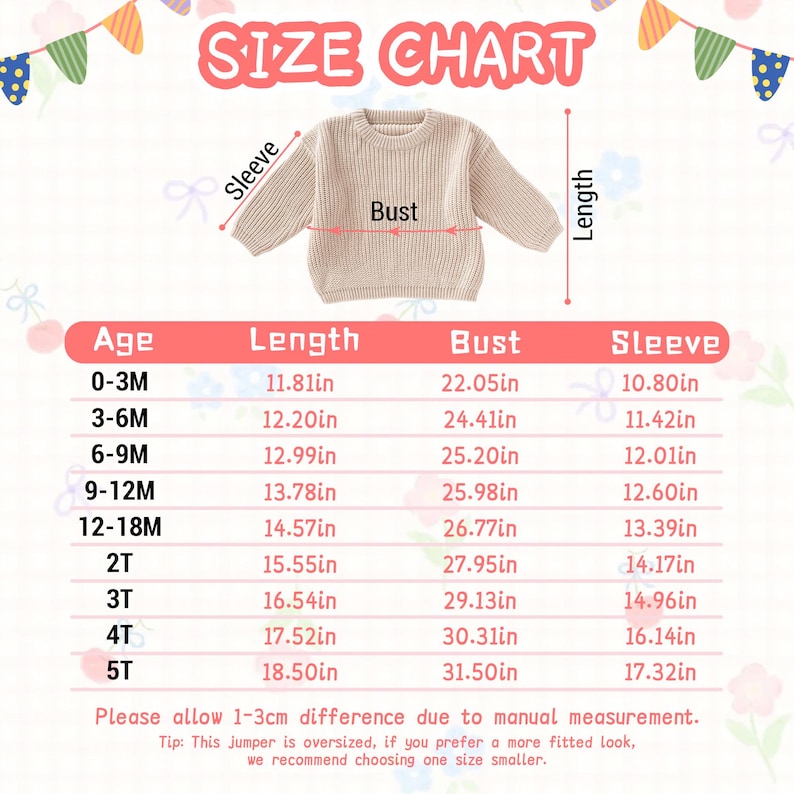 This image provides a detailed SIZE CHART for children's chunky knit sweaters, ranging from newborn sizes to 5T.