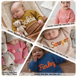 The provided image features a collage of five infants wearing personalized, chunky-knit sweaters in various colors and embroidery styles.