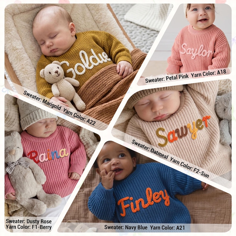 The provided image features a collage of five infants wearing personalized, chunky-knit sweaters in various colors and embroidery styles.
