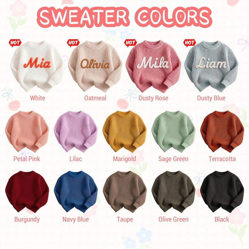 A comprehensive Sweater Colors chart featuring 14 personalized, chunky-knit baby sweaters in a variety of shades, including trending options like White, Oatmeal, Dusty Rose, and Dusty Blue.
