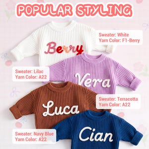 A promotional image titled Popular Styling featuring personalized children's chunky knit sweaters in White, Lilac, Terracotta, and Navy Blue, each customized with hand-embroidered names like Berry, Vera, Luca, and Cian.