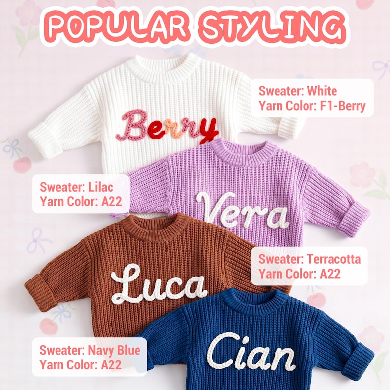 A promotional image titled Popular Styling featuring personalized children's chunky knit sweaters in White, Lilac, Terracotta, and Navy Blue, each customized with hand-embroidered names like Berry, Vera, Luca, and Cian.