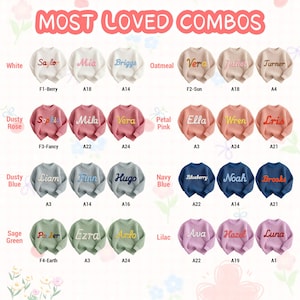 This image, titled MOST LOVED COMBOS, provides a visual guide to popular color pairings for personalized chunky-knit baby sweaters. It showcases 24 different combinations of sweater colors and embroidery yarns.