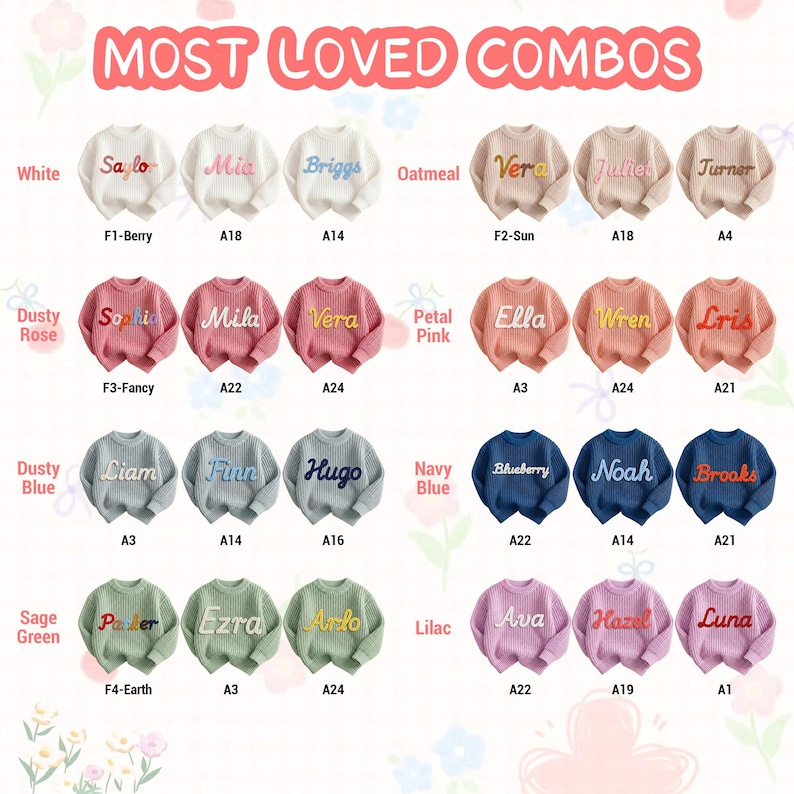 This image, titled MOST LOVED COMBOS, provides a visual guide to popular color pairings for personalized chunky-knit baby sweaters. It showcases 24 different combinations of sweater colors and embroidery yarns.
