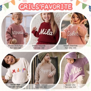 This image, titled GIRLS' FAVORITE, showcases a collage of young girls wearing personalized, chunky-knit sweaters in various colors, each customized with hand-embroidered names.