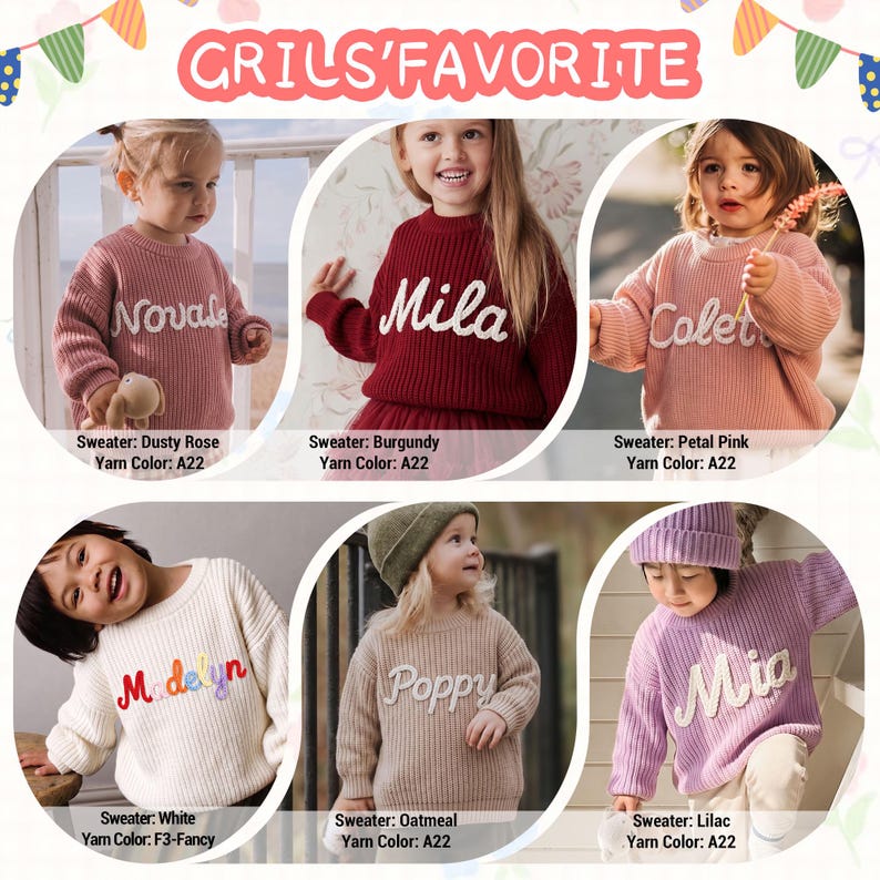 This image, titled GIRLS' FAVORITE, showcases a collage of young girls wearing personalized, chunky-knit sweaters in various colors, each customized with hand-embroidered names.