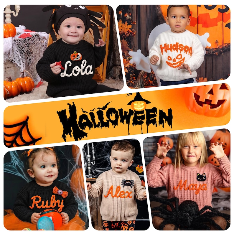 Celebrate your little one's spooky season with this personalized name baby sweater, featuring handcrafted 3D chunky yarn embroidery for a truly unique and cozy holiday keepsake.