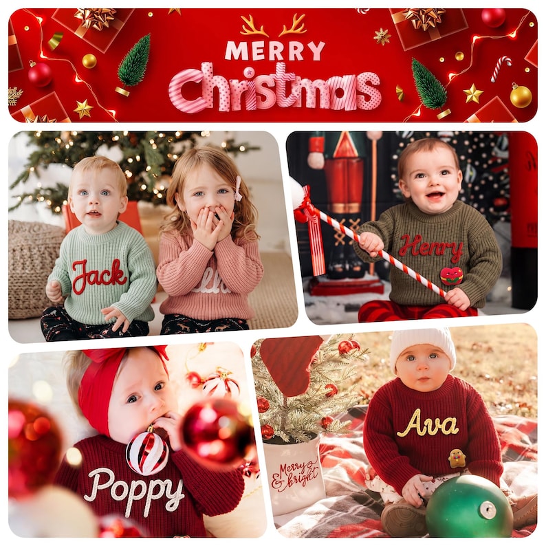 Captured in festive holiday settings, this personalized name baby sweater showcases signature 3D chunky yarn embroidery, making it a perfect keepsake gift for celebrating your little one's cherished Christmas milestones.