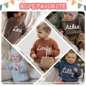 This image, titled BOYS' FAVORITE, is a collage showcasing young boys wearing personalized, chunky-knit sweaters in five different colorways. Each sweater is customized with a hand-embroidered name using specific yarn colors from the brand's catalog.