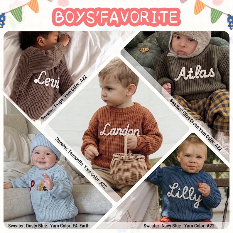 This image, titled BOYS' FAVORITE, is a collage showcasing young boys wearing personalized, chunky-knit sweaters in five different colorways. Each sweater is customized with a hand-embroidered name using specific yarn colors from the brand's catalog.