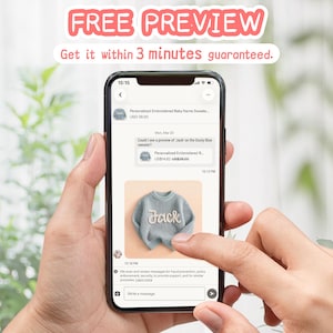 The image features a FREE PREVIEW service for personalized baby name sweaters, promising customers a digital mock-up within 3 minutes of their request.
