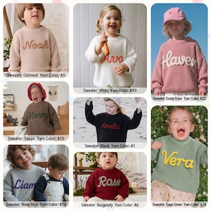 This collage displays a series of lifestyle photos showcasing children wearing personalized, chunky-knit sweaters in various colors and embroidery styles. Each sweater is labeled with its color and the specific yarn color code used for the name embroidery.