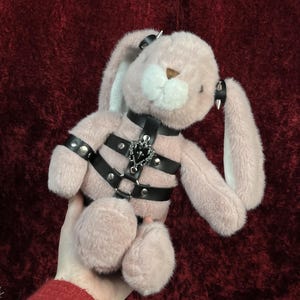 May include: A pink plush bunny wearing a black leather harness with silver-toned hardware. The bunny has black studded accents on its ears and collar. The plush toy has a soft, fluffy texture and a sweet expression.