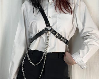 Asymmetric Crossbody Harness with Detachable Chains - Vegan Leather Goth Body Belt - Adjustable Alternative Accessory