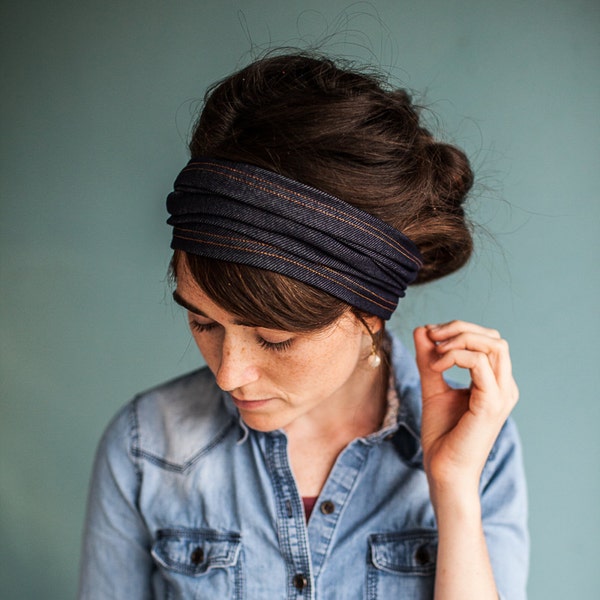 Stretch DENIM Headwrap Garlands of Grace headband headcovering hair wrap