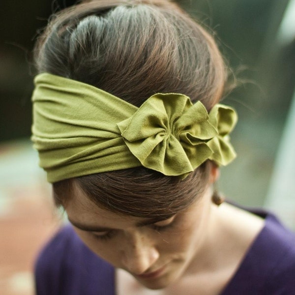 Stretch Rosette in RUSTIC GREEN - Garlands of Grace  headband hair wrap headcovering head band