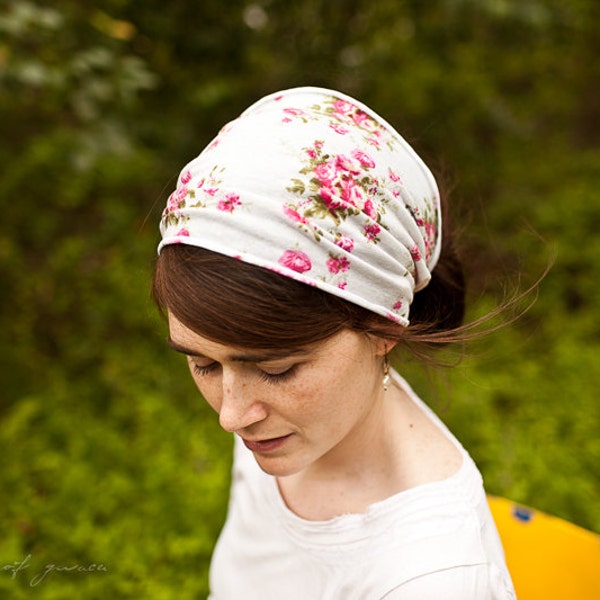 Rose buds in Pink Stretch Headcovering - Classic Garlands of Grace headcovering hair headband scarf