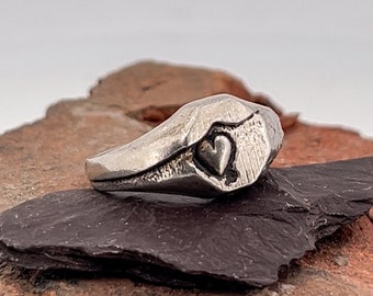 Seismic Fractured. Revealed Heart Signet Ring. Grunge Silver Jewellery