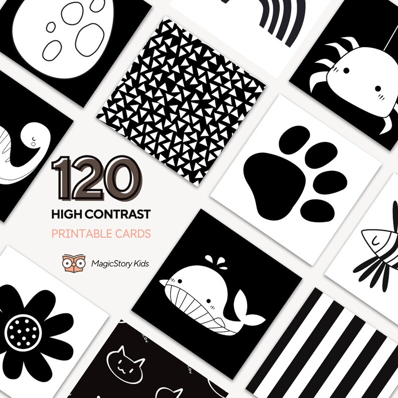 120 High Contrast Printable Cards for Babies. Sensory Black and White ...
