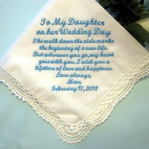 Mother or Father to Daughter Gift on her Wedding Day Handkerchief , Something Blue, Personalized Wedding Handkerchief, 208S image 1