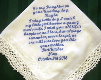 Bridal Handkerchief from Mother to Daughter Bridal Handkerchief, Something blue, wedding hankie,wedding gift 207S