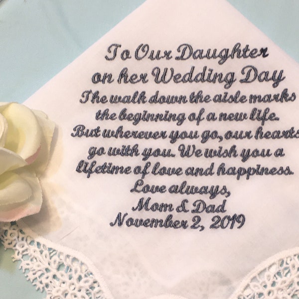 Mother AND Father to Daughter Gift on her Wedding Day Handkerchief , Something Blue, Personalized Wedding Handkerchief, 208SX