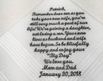 Mother or dad to Son, gift for son, parents to groom, wishes for sons wedding, wedding handkerchief 209S