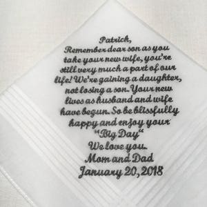 Mother or dad to Son, gift for son, parents to groom, wishes for sons wedding, wedding handkerchief 209S