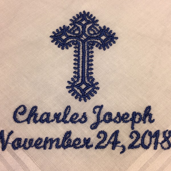 Baptism handkerchief, hanky with fancy cross, hankie