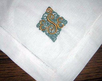 Linen hemstitched dinner napkins, three letter monogrammed napkins, dinner napkins, embroidered napkins, Wedding Linens,
