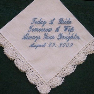 Mother of the Bride Wedding Handkerchief Gift,  Personalized wedding hankie, wedding gift for mom  80S
