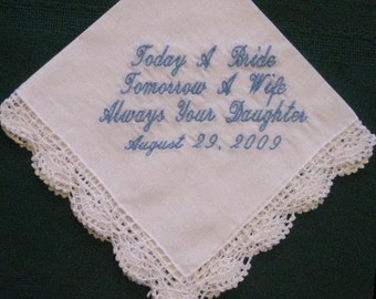 Mother of the Bride Wedding Handkerchief Gift,  Personalized wedding hankie, wedding gift for mom  80S