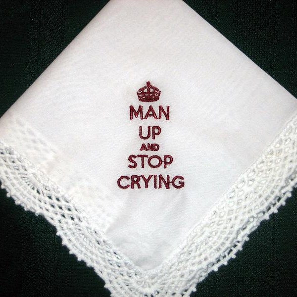 Man up and stop crying, wedding handkerchief, bridal handkie, lace cotton hanky 200B