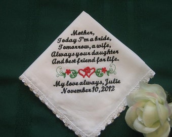 Geborduurde moeder van de bruid Gift-moeder van de bruid zakdoek – bruiloft zakdoek – gepersonaliseerde Hankie137S