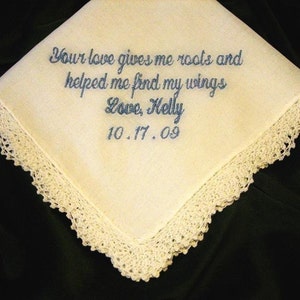 Mother of Bride hanky, Personalized wedding gift, love gives me roots 15S