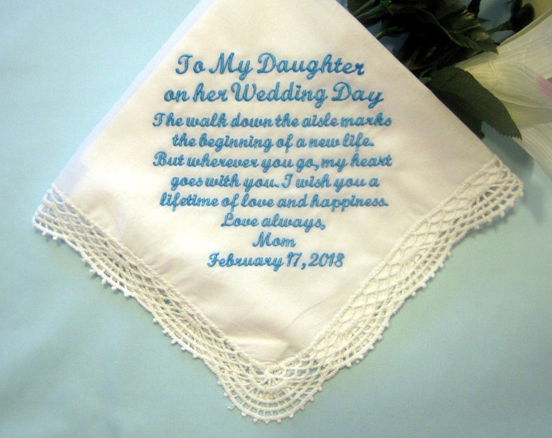 Mother or Father to Daughter Gift on her Wedding Day Handkerchief , Something Blue, Personalized Wedding Handkerchief, 208S image 1