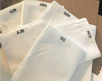 6 pocket squares with different initials on each. Men's handkerchiefs, suit hanky, groomans gifts, embroidered gifts, father of the bride,