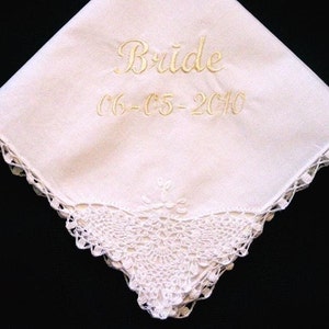 Wedding handkerchief with corner lace, simple, sweet, bride, bridal party, bridesmaid, matron of honor, gift, keepsake image 1