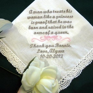 Mother of Groom -  Personalized Wedding Handkerchief - Custom Hanky for Mom- Wedding Gift - Groom - Embroidered - Elegant - Personal 134S -