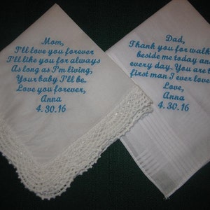 Wedding Handkerchief Gift Set for Mom and Dad 204S Wedding Gift Embroidered for Mother and Father