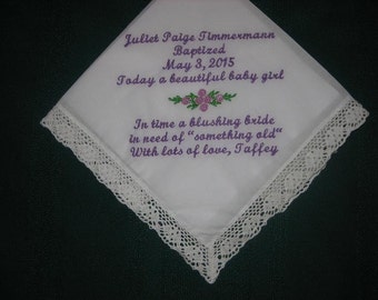 Baptismal handkerchief for a baby girl. baby naming hankie, something old for wedding day,160S