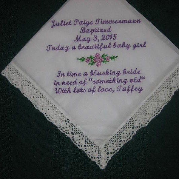 Baptismal handkerchief for a baby girl. baby naming hankie, something old for wedding day,160S