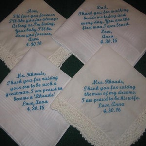 Embroidered Wedding Handkerchiefs for parents of Bride and Groom  Set of 4 hankies 205S