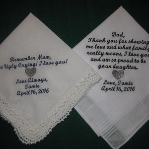 Wedding Handkerchiefs for Mom and Dad - Embroidered Wedding Handkerchiefs 202S -  Embroiderybylinda - Sweet - Elegant - Gifts - Custom