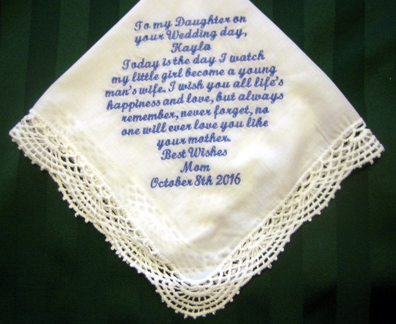 Bridal Handkerchief from Mother to Daughter, Something blue, wedding hankie,wedding gift 207S image 1